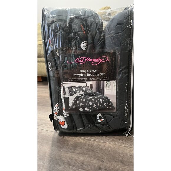 New Ed Hardy King 8Pc Complete Bedding Set Comforter Sheet Pillowcase Black - Picture 6 of 12